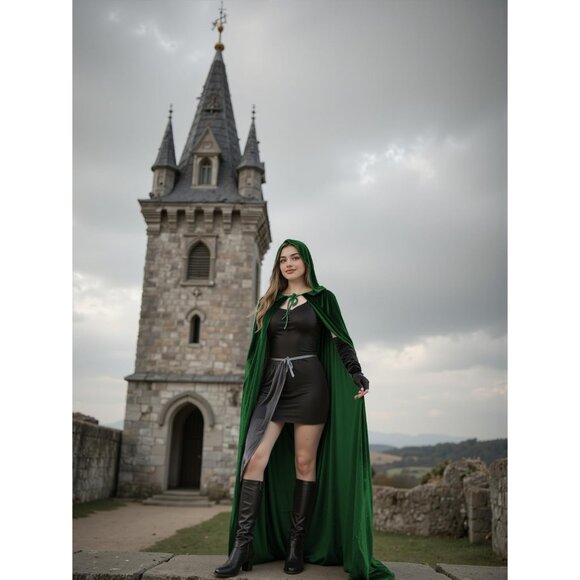 Women's Green Witch Imported Velvet Cloak Halloween Hooded Cape Medieval Costume - Picture 4 of 7
